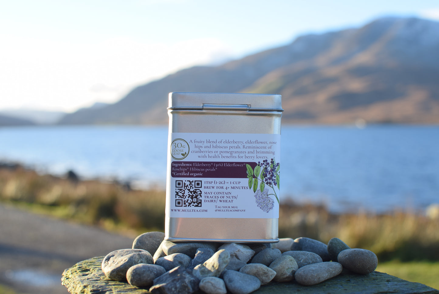 Mull Tea Company Elderberry Caddie in front of a Loch on the Isle of Mull