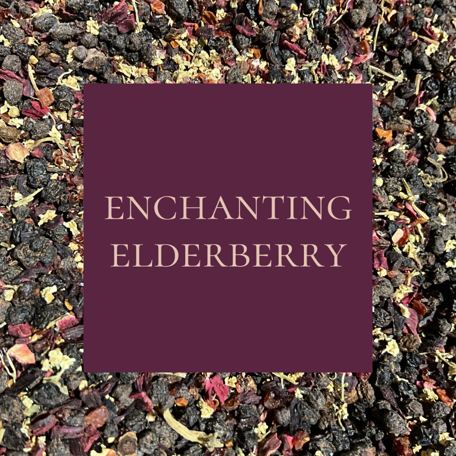 A close-up of various dried fruits and petals with a square overlay that reads 'ENCHANTING ELDERBERRY'.