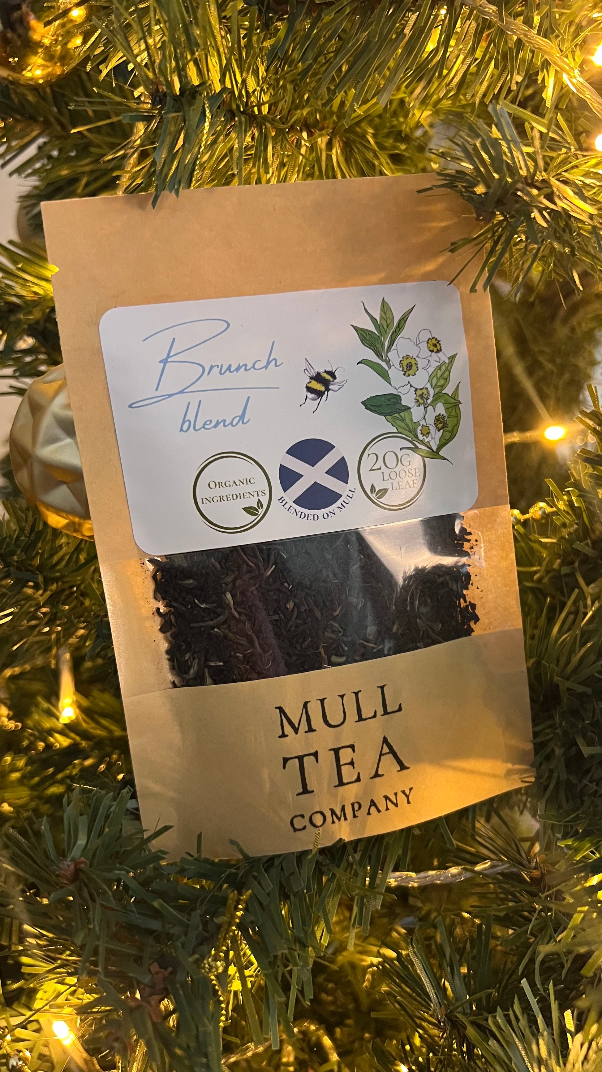 Mull Tea Company Organic tea package on a Christmas tree