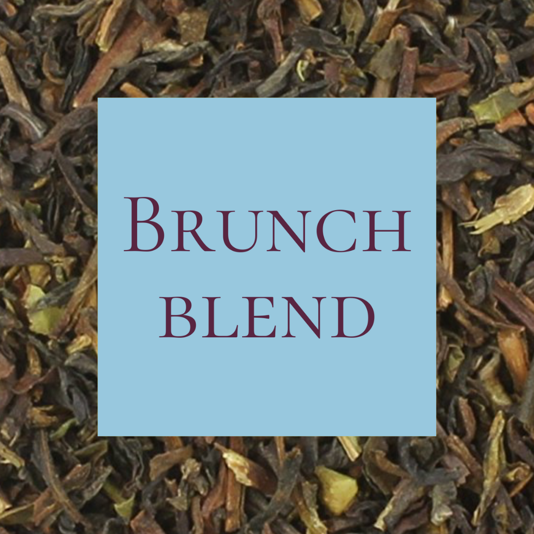 A close-up of dry black tea leaves with a text overlay that reads 'Brunch blend'.