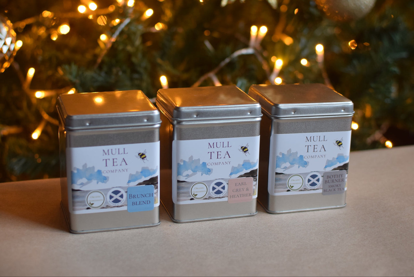 Trio of Organic Breakfast Teas in front of Christmas Tree