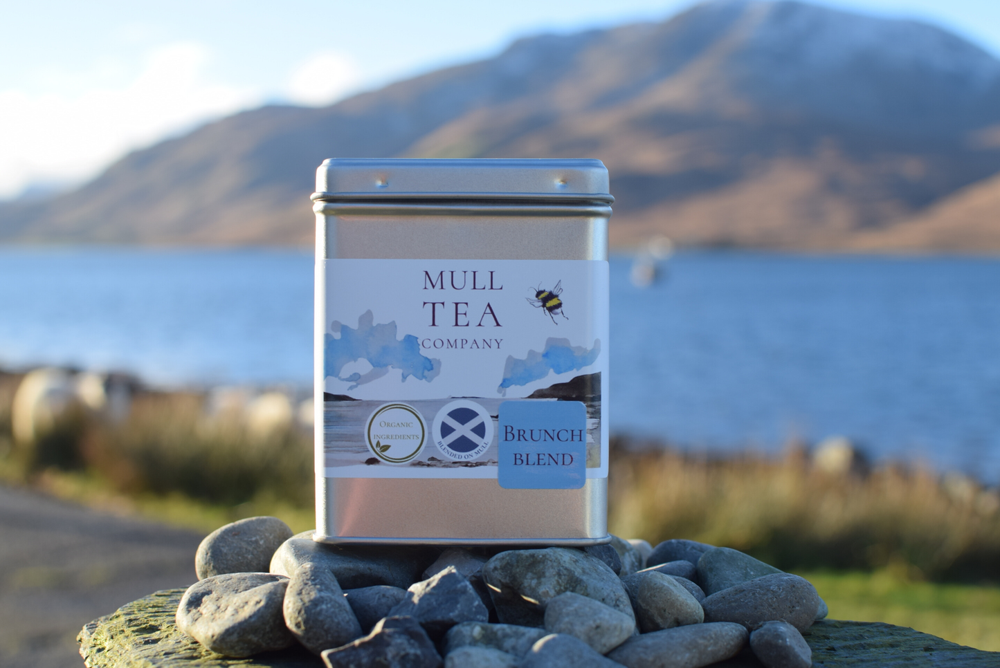 Mull Tea Company tea canister with a scenic background of a lake and mountains.